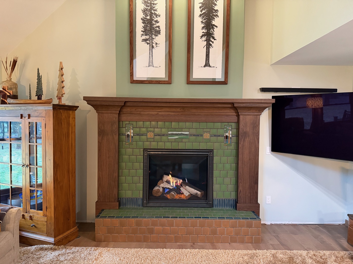 Craftsman-style fireplace mantel with tile surround