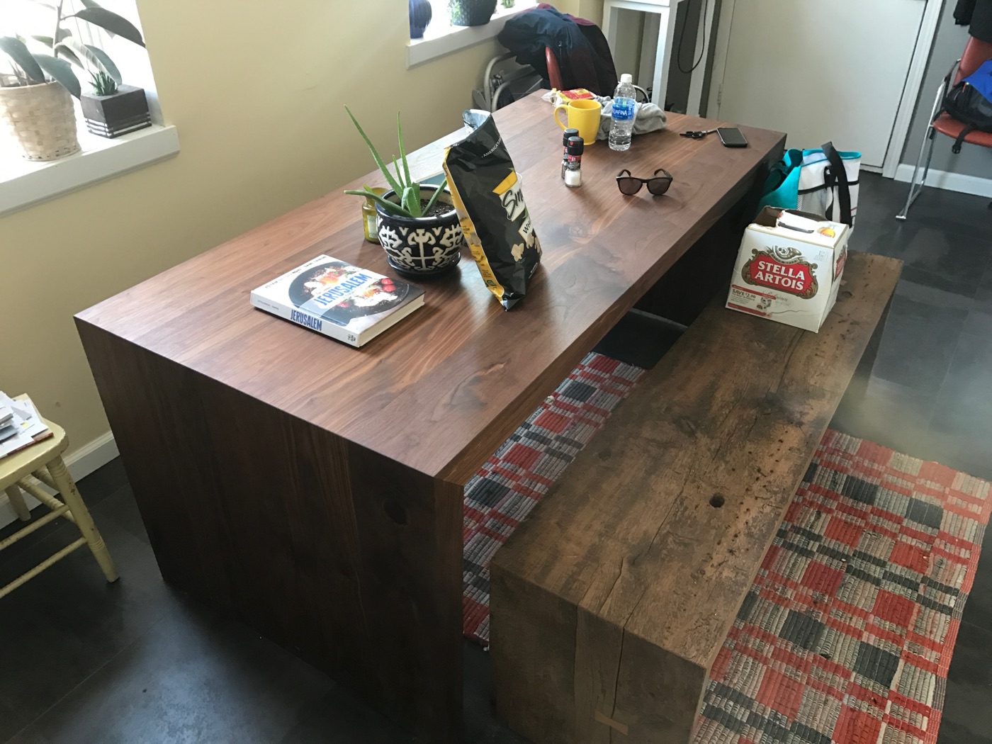 Walnut desk styled in home office