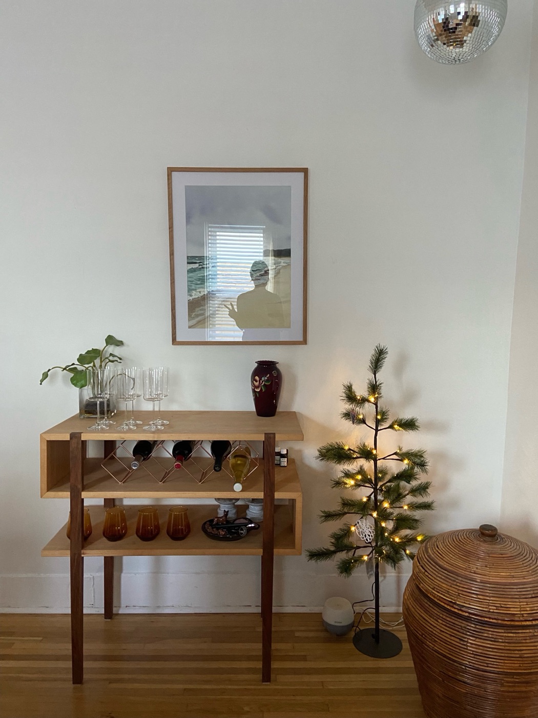 Mid-century wood console and bar cart